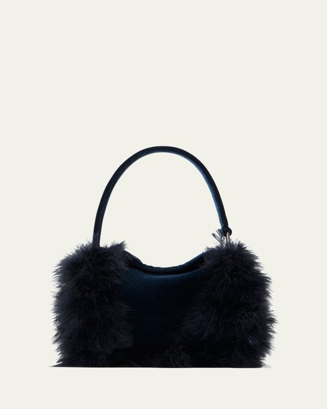 Anna Mini Feather-Trim Velvet Hobo Bag